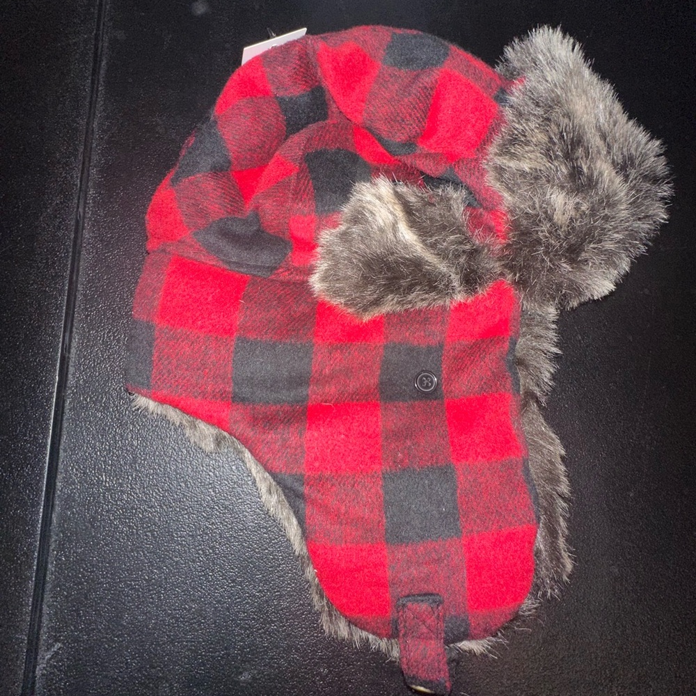 Kohl's Red and Black Checkered Kids Hat with Faux Fur